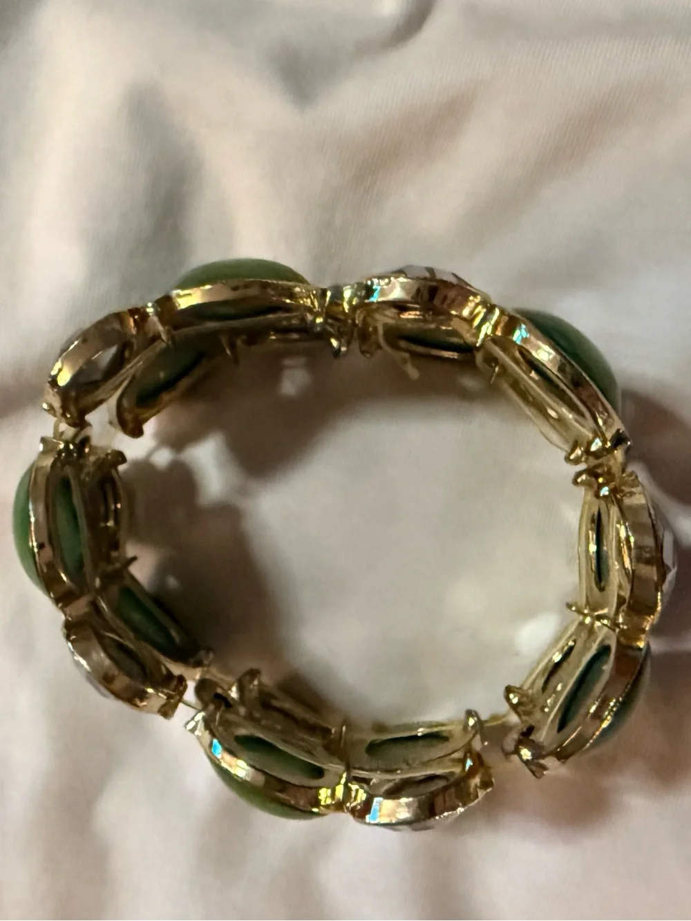 Vintage Gold Tone Teardrop Green & Clear Bezel Set Cuff Bangle Bracelet